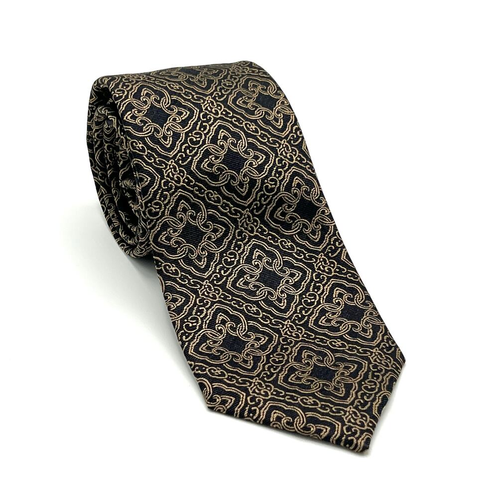 Sean John 100% Silk Black and Gold Geometric Pattern Men’s Tie